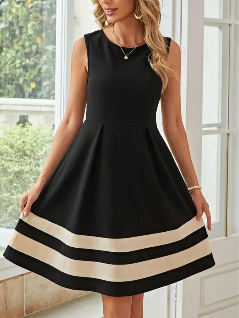 Calvin Klein Black Mini Dress with Cream Hem Stripes